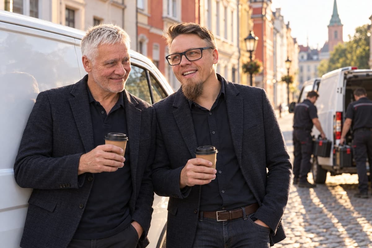 Ivars un Kaspars Īviņi pie servisa busiņa Liepājā